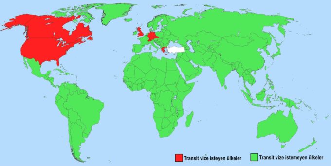 Transit Vize İsteyen Ülkeler Haritası 2018